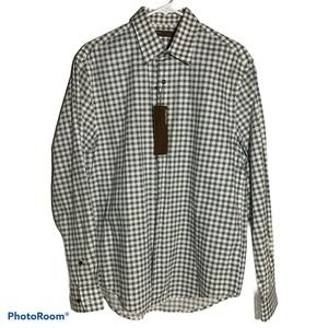Perry Ellis Mens Medium Gray Check Plaid Linen Button Up Shirt New With Tags